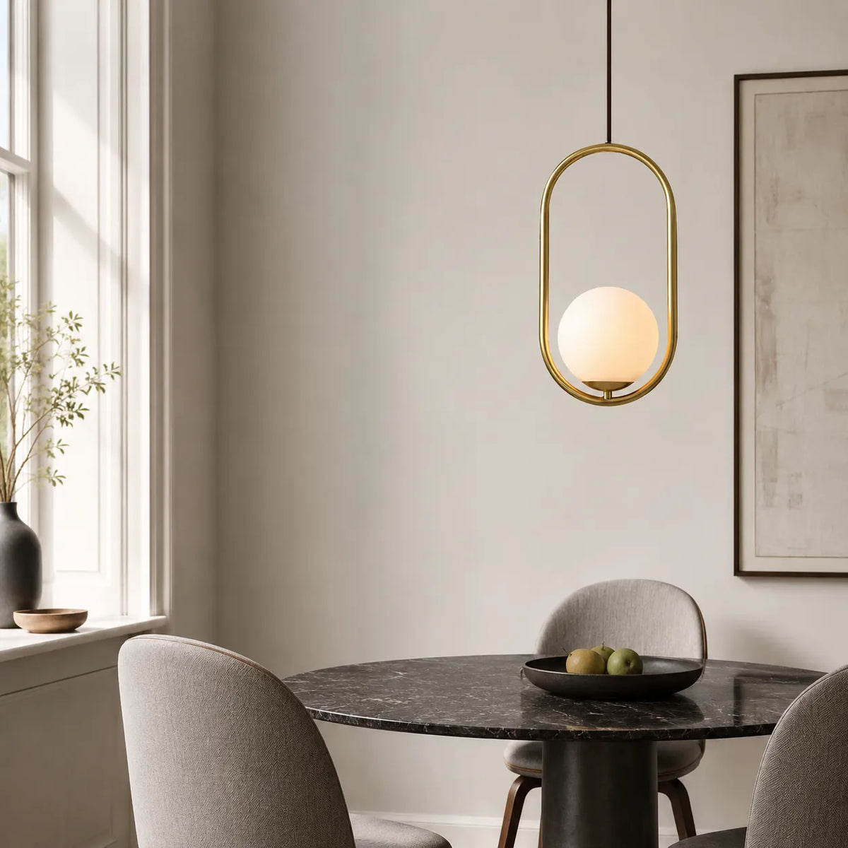 Pendant Light with Milky Glass Globe and Metal Frame for Modern Dining Room Lighting