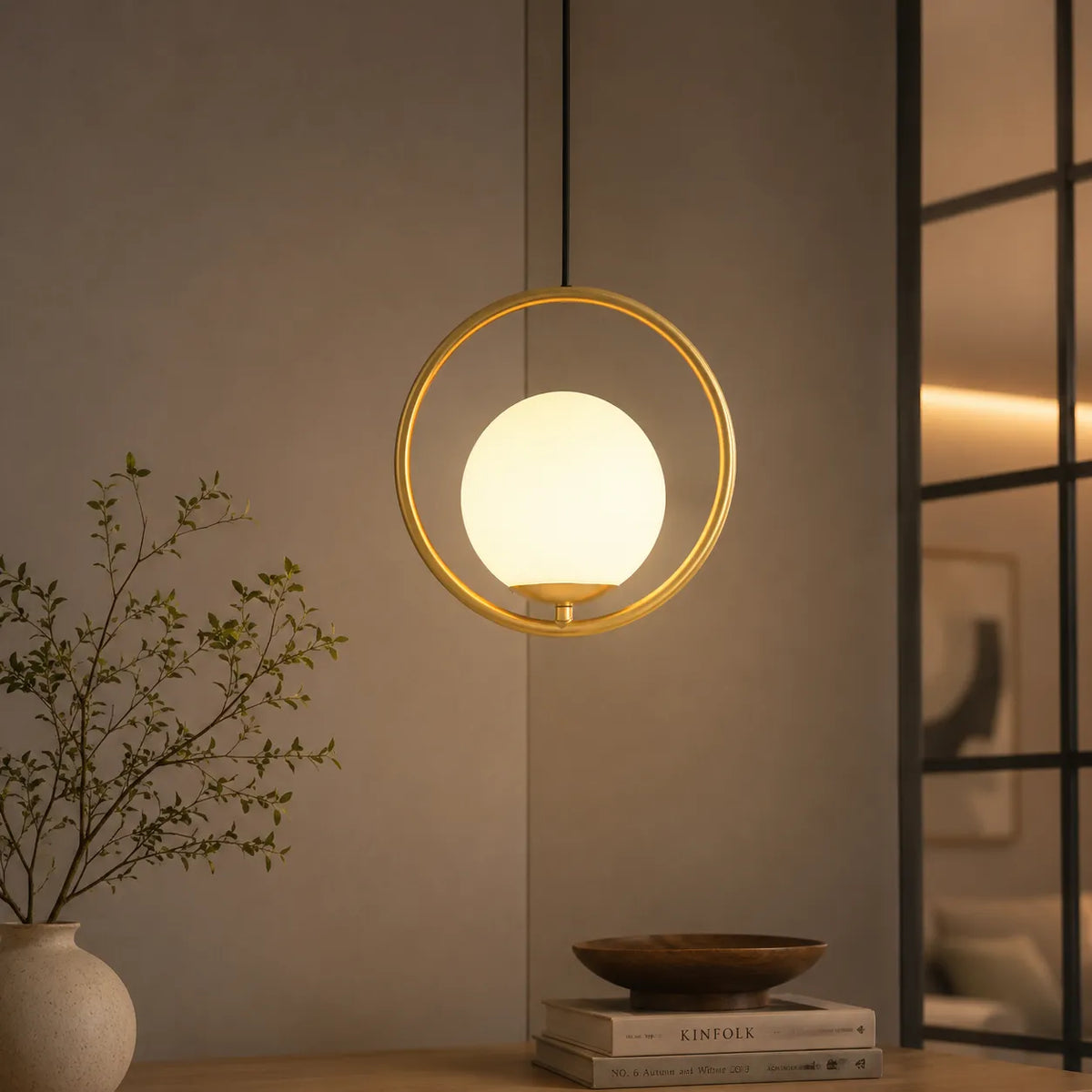 Pendant Light with Milky Glass Globe and Metal Frame for Modern Dining Room Lighting