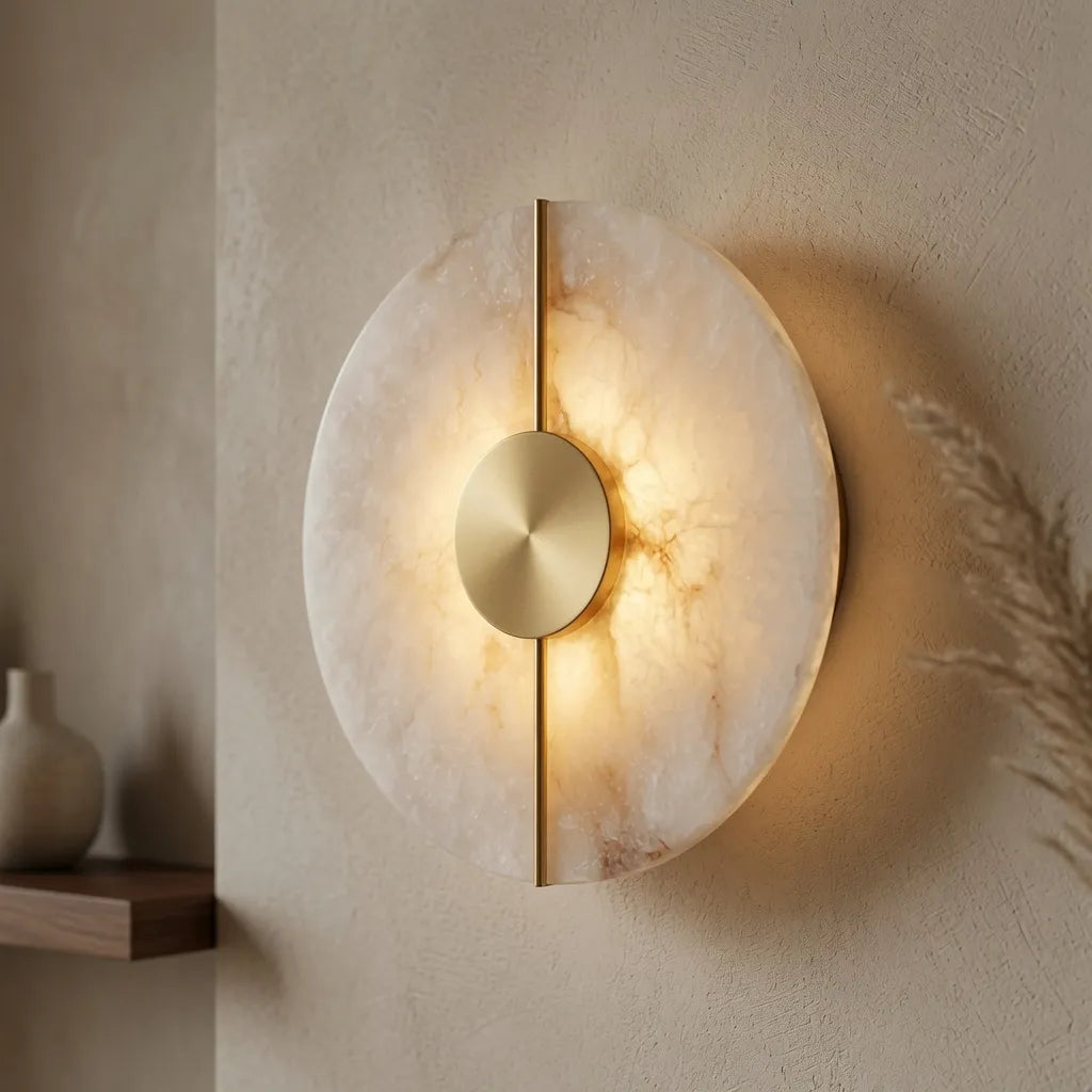 Wandleuchte mit Marmorschirm, Kupferrahmen und LED-Licht