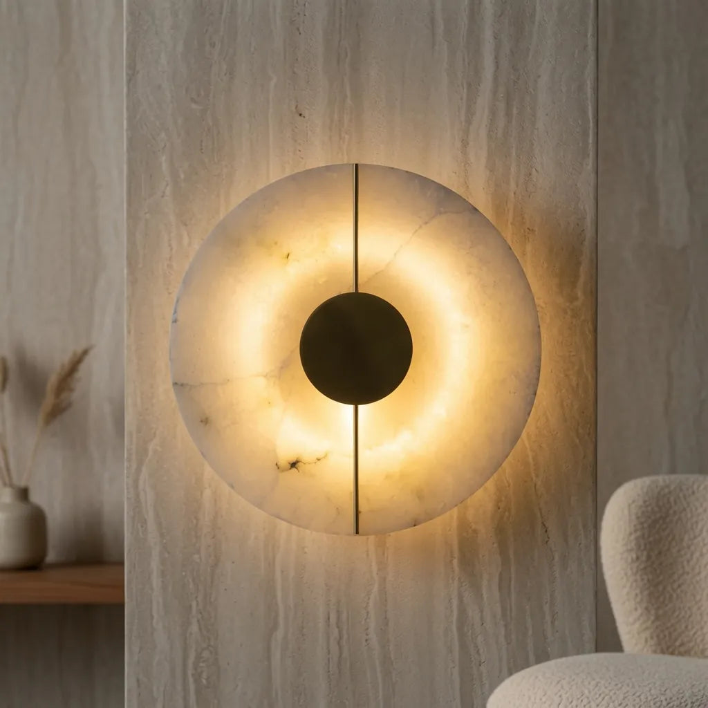 Wall Sconce Lighting with Marble Shade and Copper Frame LED Light