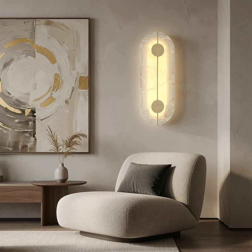 Wandleuchte mit Marmorschirm, Kupferrahmen und LED-Licht
