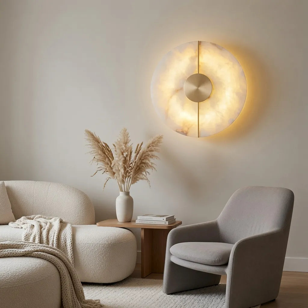 Wall Sconce Lighting with Marble Shade and Copper Frame LED Light