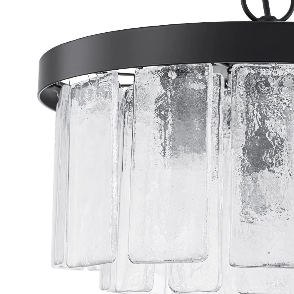 Kronleuchter mit abgestuftem Trommelschirm aus Glas in Wasseroptik und modernem Design mit fünf Leuchten für das Wohnzimmer