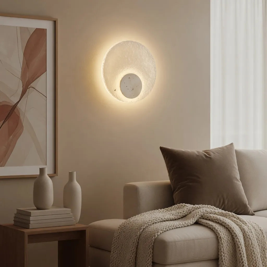 Wandleuchte mit Travertinsockel und Acryl-Diffusor, moderne LED-Leuchte