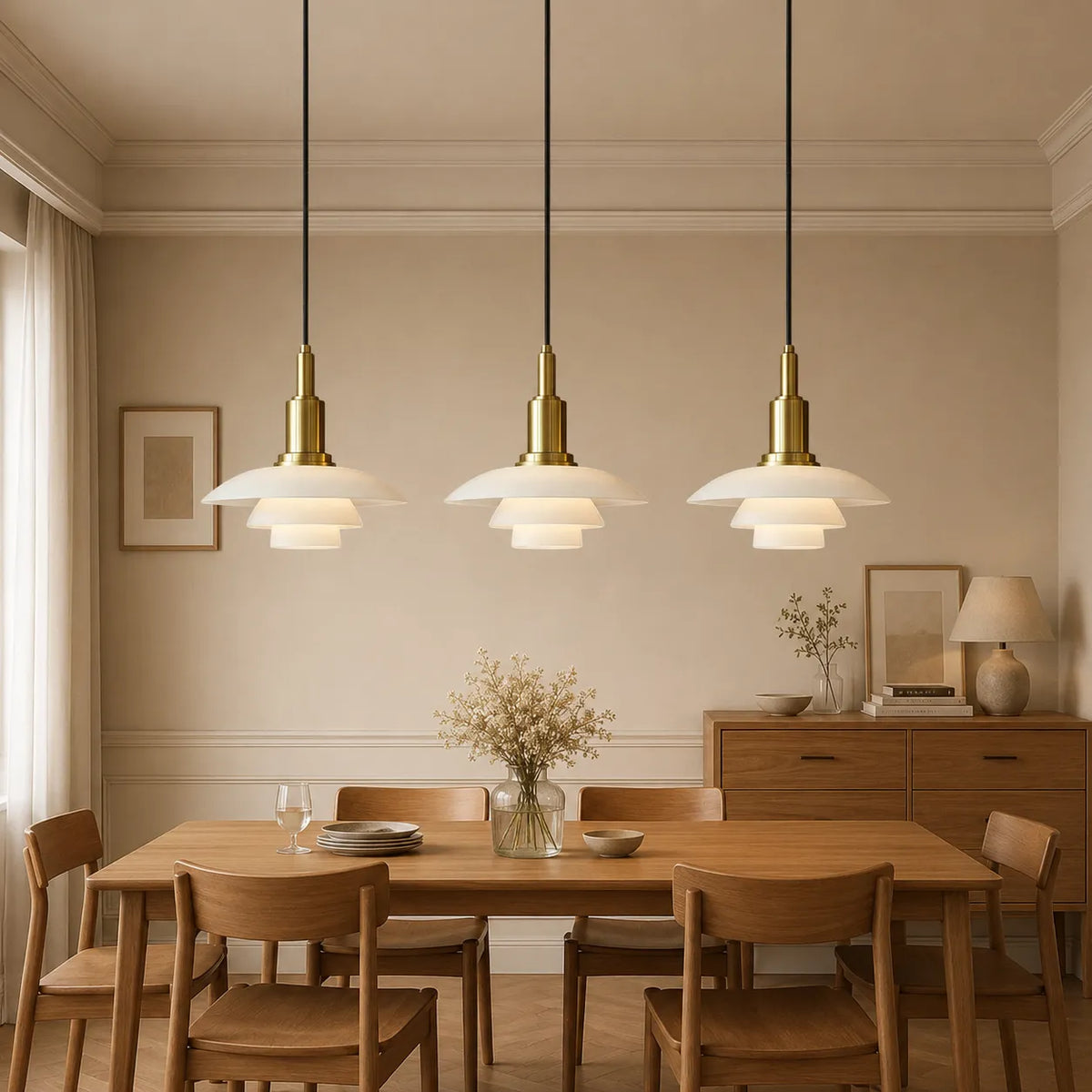Pendelleuchte im mehrschichtigen skandinavischen Design mit linearen Glaslampenschirmen mit mehreren Leuchtenköpfen