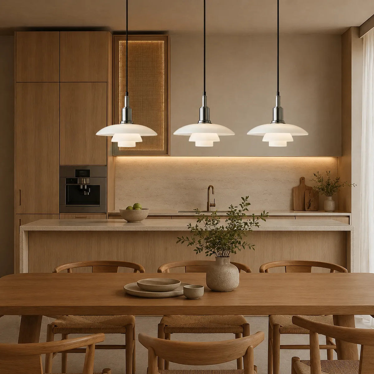 Pendelleuchte im mehrschichtigen skandinavischen Design mit linearen Glaslampenschirmen mit mehreren Leuchtenköpfen