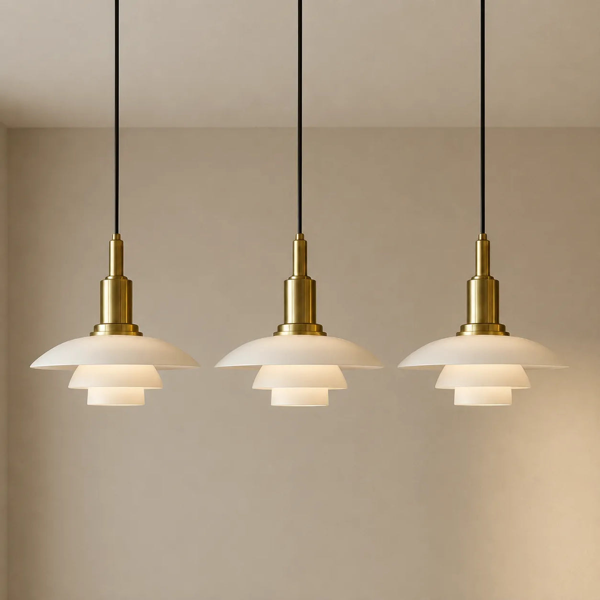 Pendelleuchte im mehrschichtigen skandinavischen Design mit linearen Glaslampenschirmen mit mehreren Leuchtenköpfen