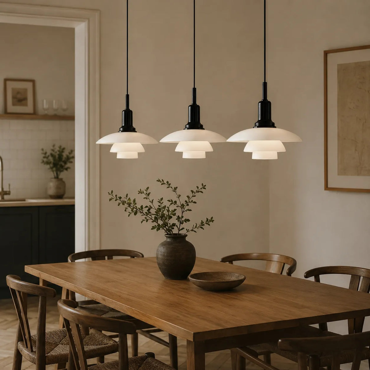 Pendelleuchte im mehrschichtigen skandinavischen Design mit linearen Glaslampenschirmen mit mehreren Leuchtenköpfen