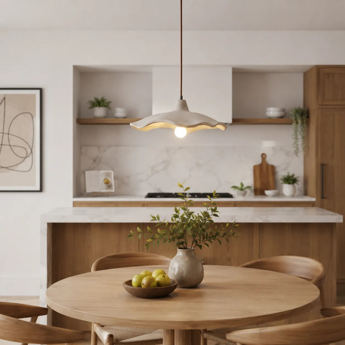 Pendant Light with Sculpted Cement Flower Design and Soft Ambient Glow
