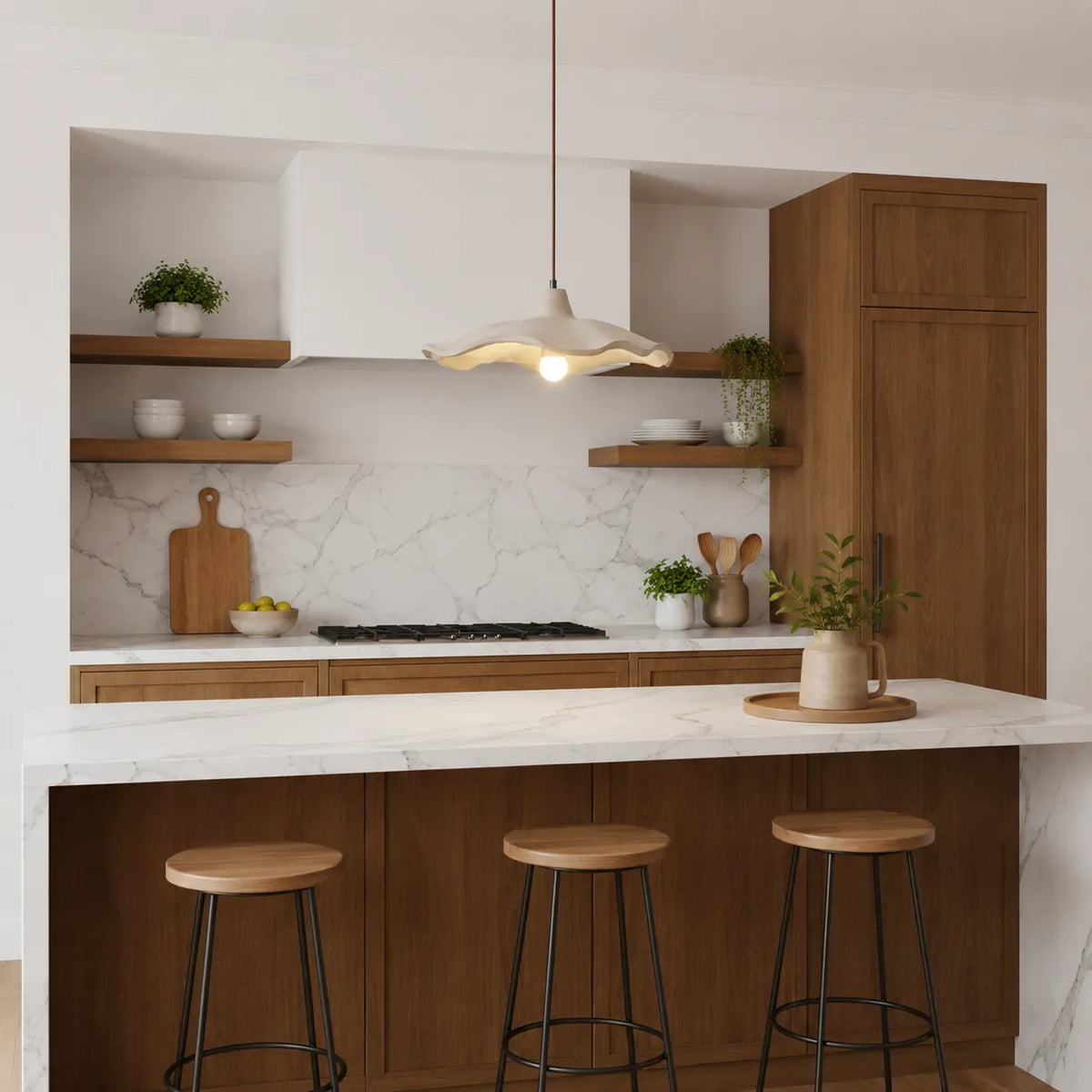 Pendant Light with Sculpted Cement Flower Design and Soft Ambient Glow