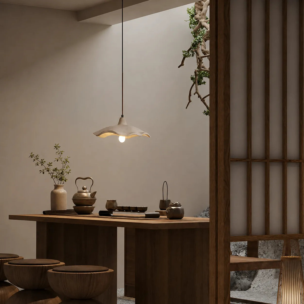 Pendant Light with Sculpted Cement Flower Design and Soft Ambient Glow