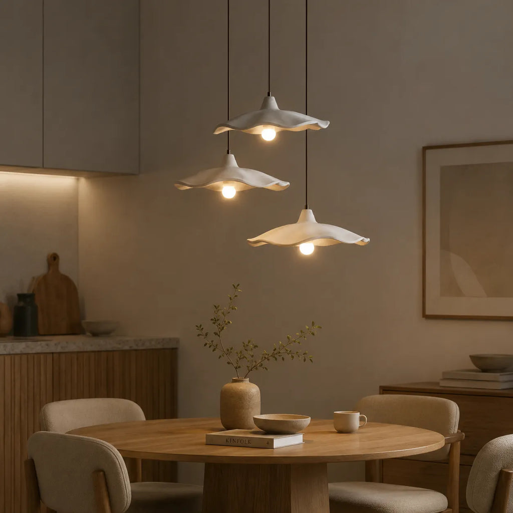 Pendant Light with Sculpted Cement Flower Design and Soft Ambient Glow