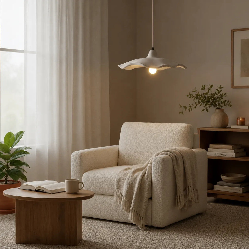 Pendant Light with Sculpted Cement Flower Design and Soft Ambient Glow