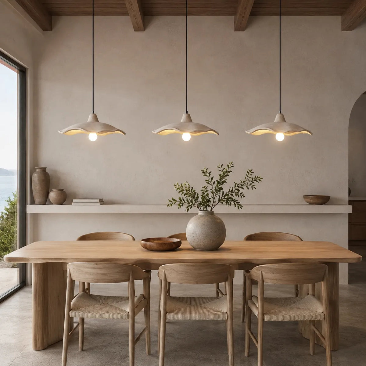 Pendant Light with Sculpted Cement Flower Design and Soft Ambient Glow