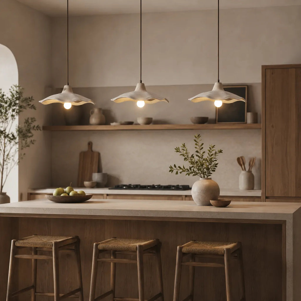 Pendant Light with Sculpted Cement Flower Design and Soft Ambient Glow