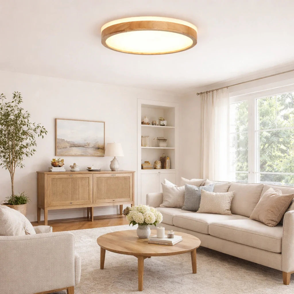 Orin nordische dimmbare LED-Deckenleuchte mit Holzdetail