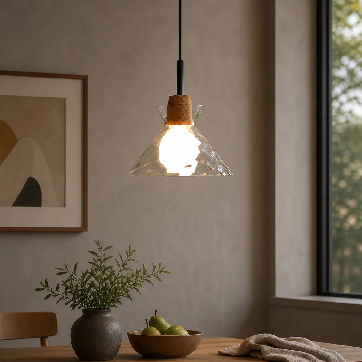 Pendant Light with Clear Glass Dome and Wood Accent for Living Room Dining Kitchen
