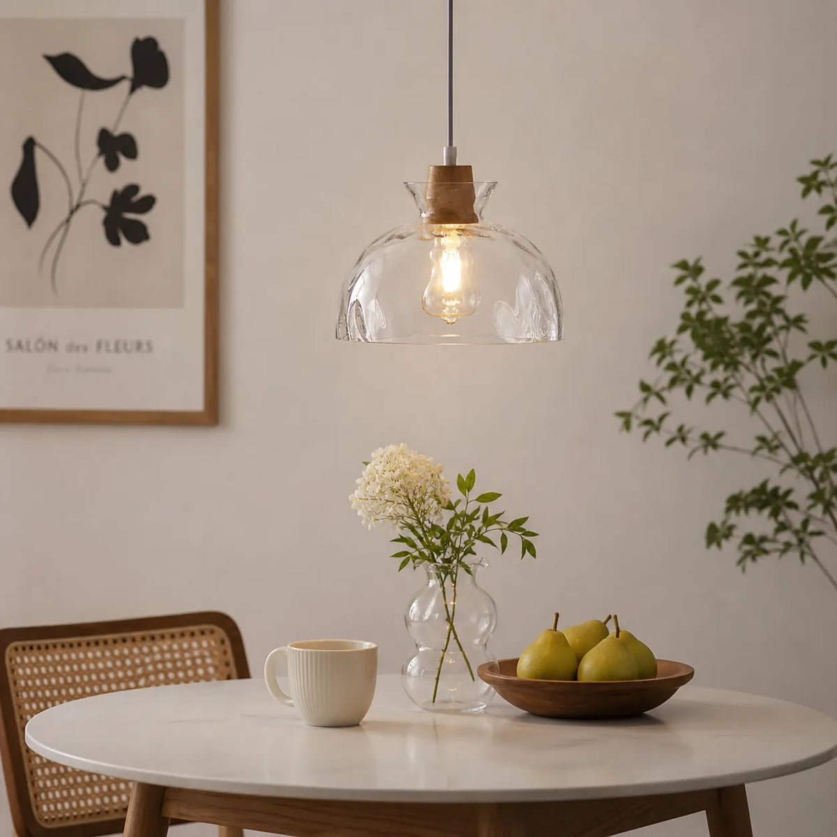 Pendant Light with Clear Glass Dome and Wood Accent for Living Room Dining Kitchen