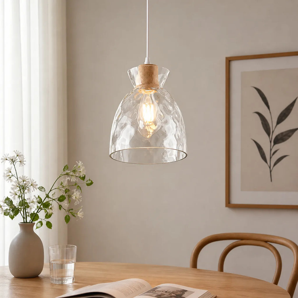 Pendelleuchte mit klarer Glaskuppel und Holzakzent für Wohnzimmer, Esszimmer und Küche
