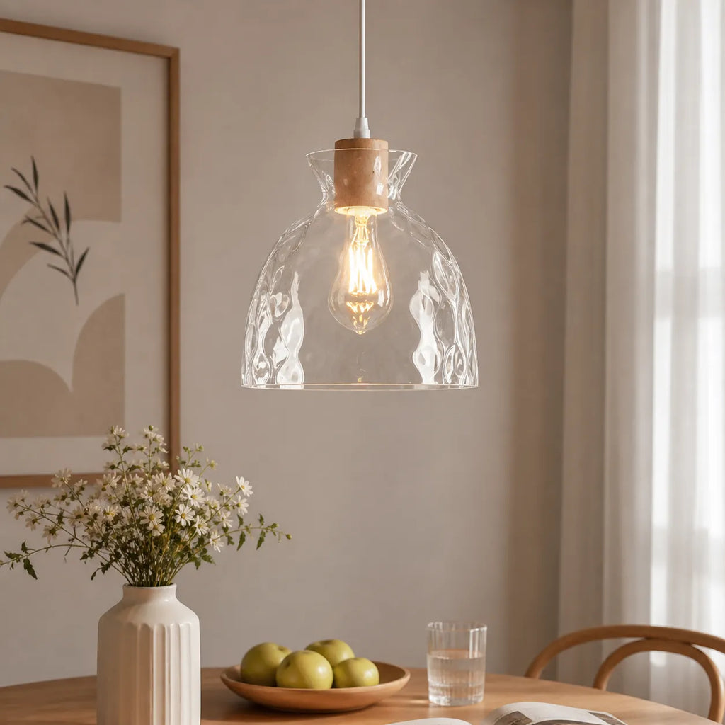 Pendelleuchte mit klarer Glaskuppel und Holzakzent für Wohnzimmer, Esszimmer und Küche