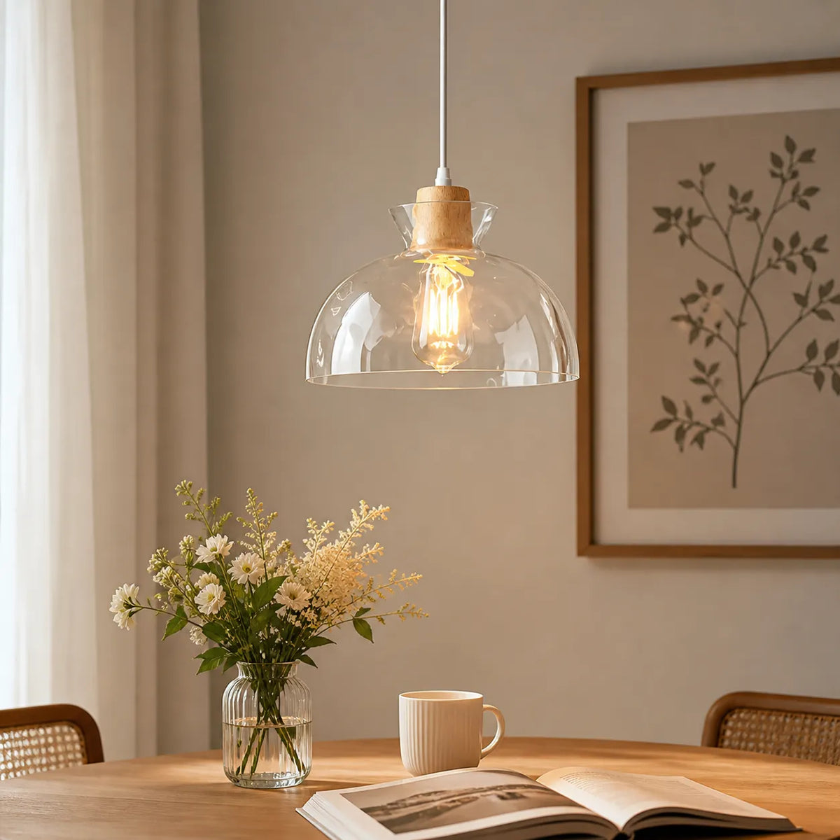 Pendant Light with Clear Glass Dome and Wood Accent for Living Room Dining Kitchen
