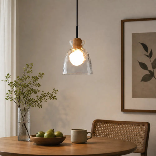 Pendant Light with Clear Glass Dome and Wood Accent for Living Room Dining Kitchen