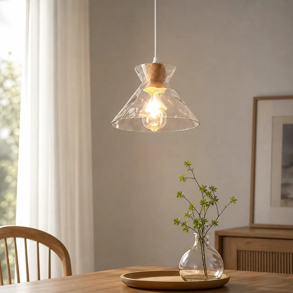 Pendelleuchte mit klarer Glaskuppel und Holzakzent für Wohnzimmer, Esszimmer und Küche