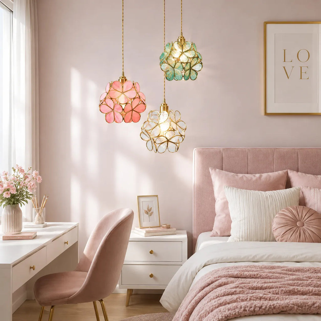 Pendant Light with Sculpted Glass Petal Design and Stone Accents