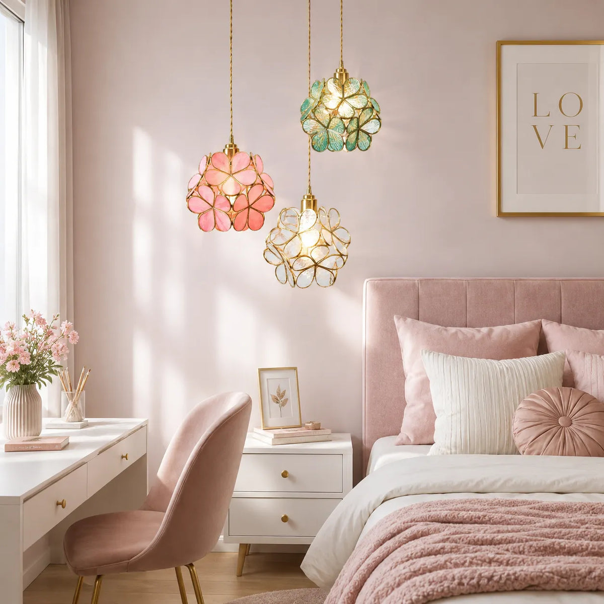 Pendant Light with Sculpted Glass Petal Design and Stone Accents