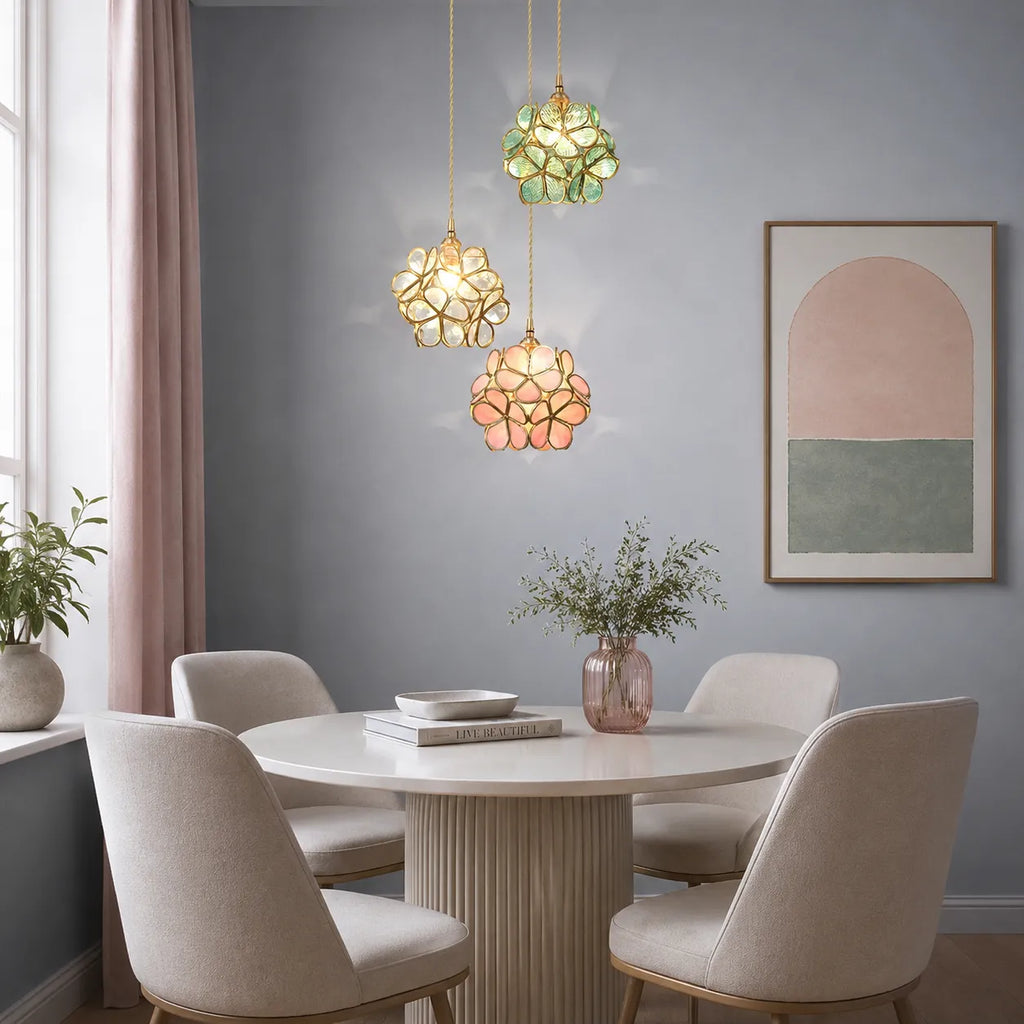Pendant Light with Sculpted Glass Petal Design and Stone Accents