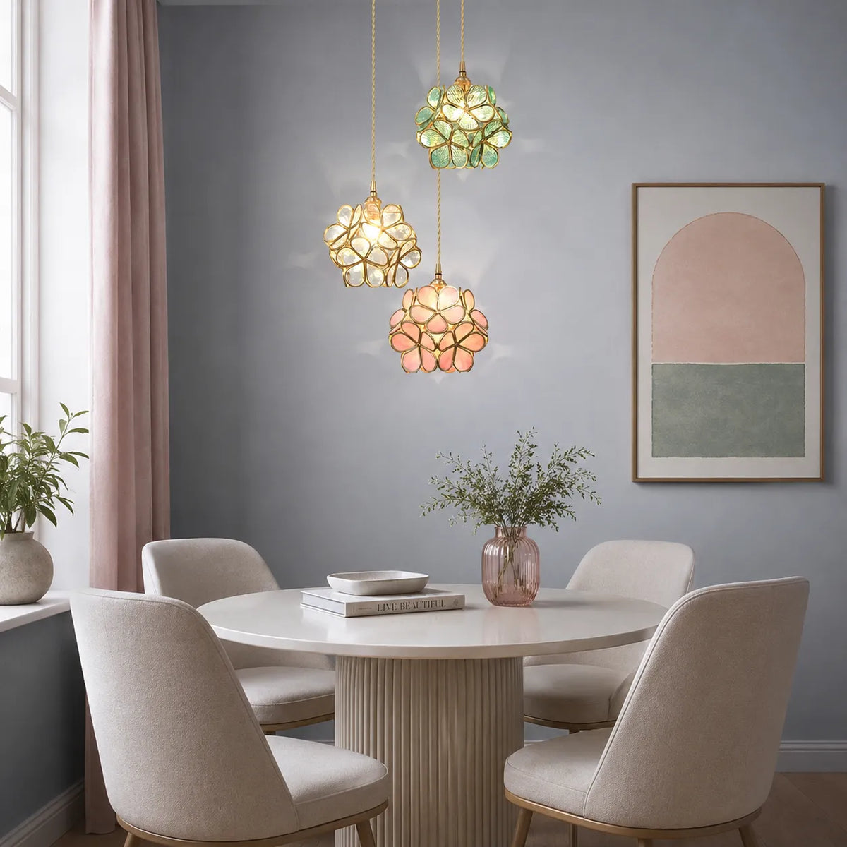 Pendant Light with Sculpted Glass Petal Design and Stone Accents