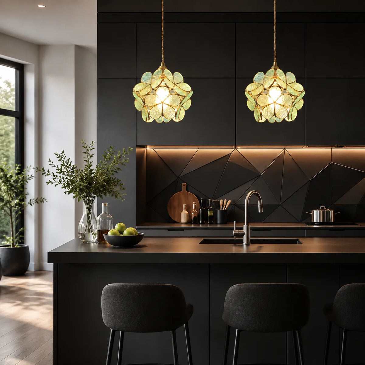 Pendant Light with Sculpted Glass Petal Design and Stone Accents