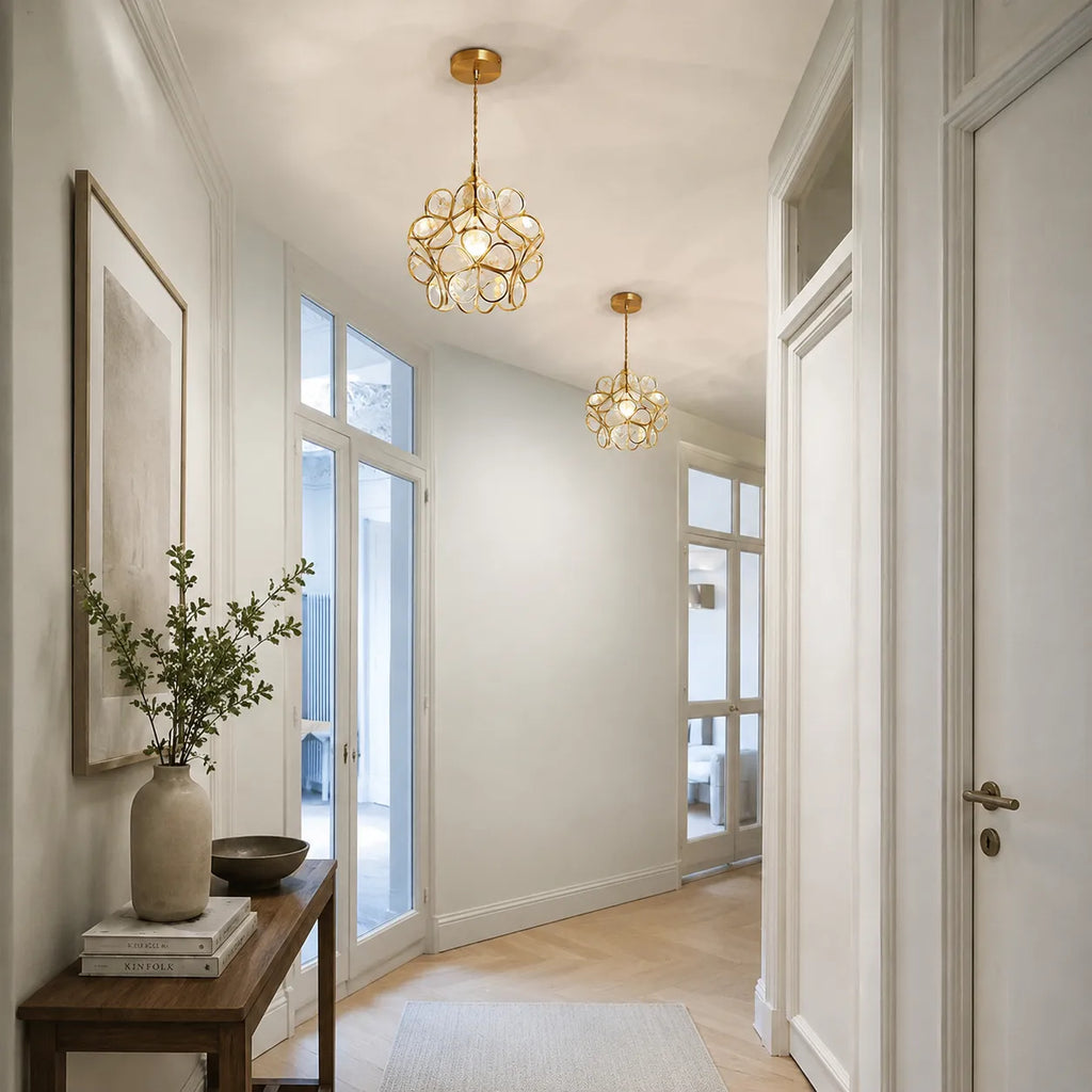 Pendant Light with Sculpted Glass Petal Design and Stone Accents
