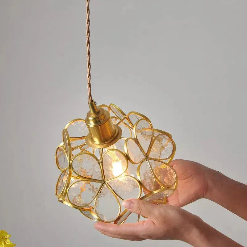 Pendant Light with Sculpted Glass Petal Design and Stone Accents