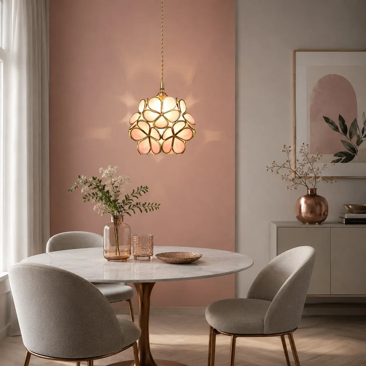Pendant Light with Sculpted Glass Petal Design and Stone Accents