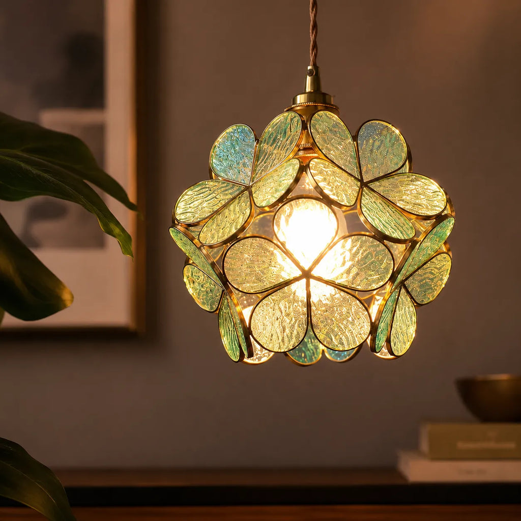 Pendant Light with Sculpted Glass Petal Design and Stone Accents