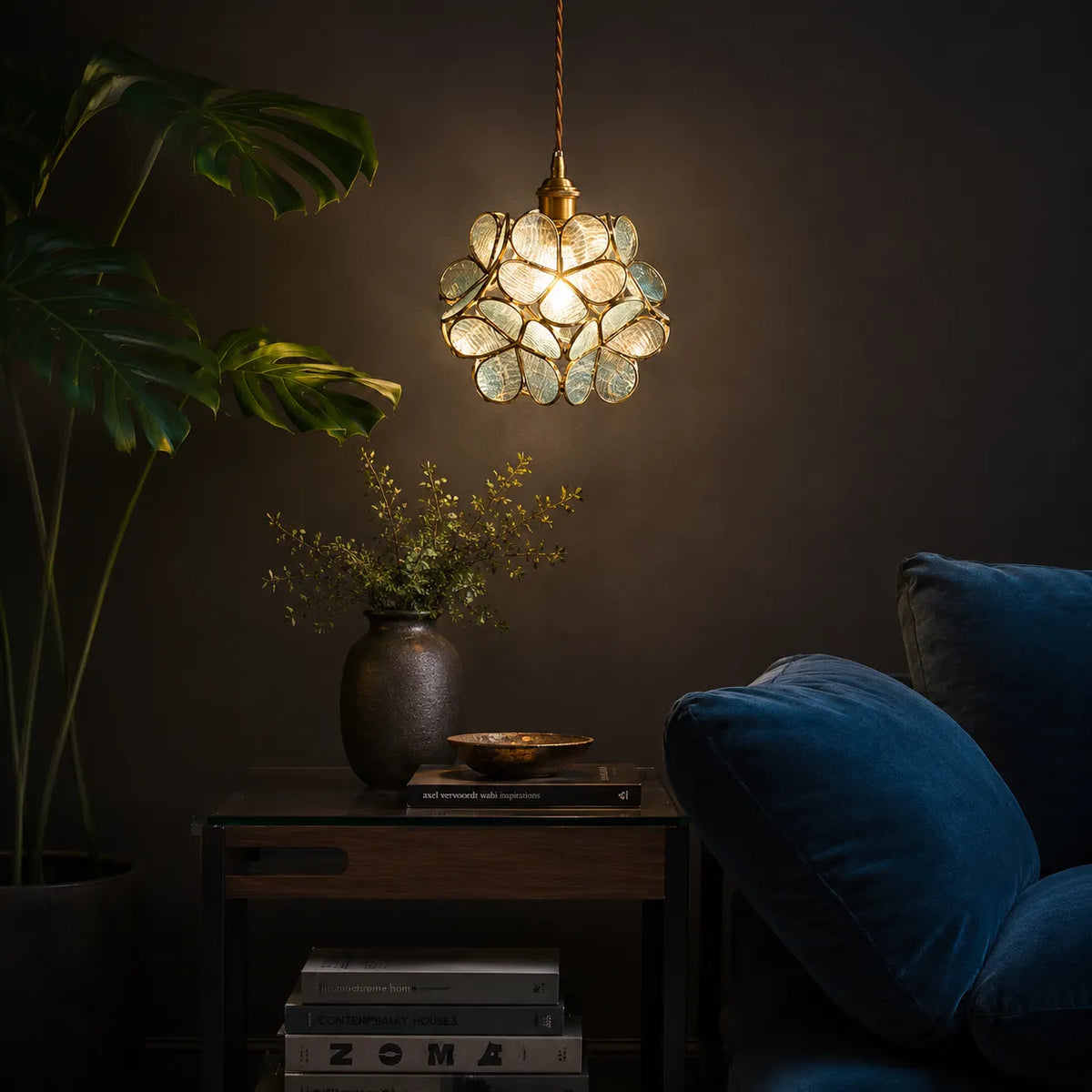 Pendant Light with Sculpted Glass Petal Design and Stone Accents