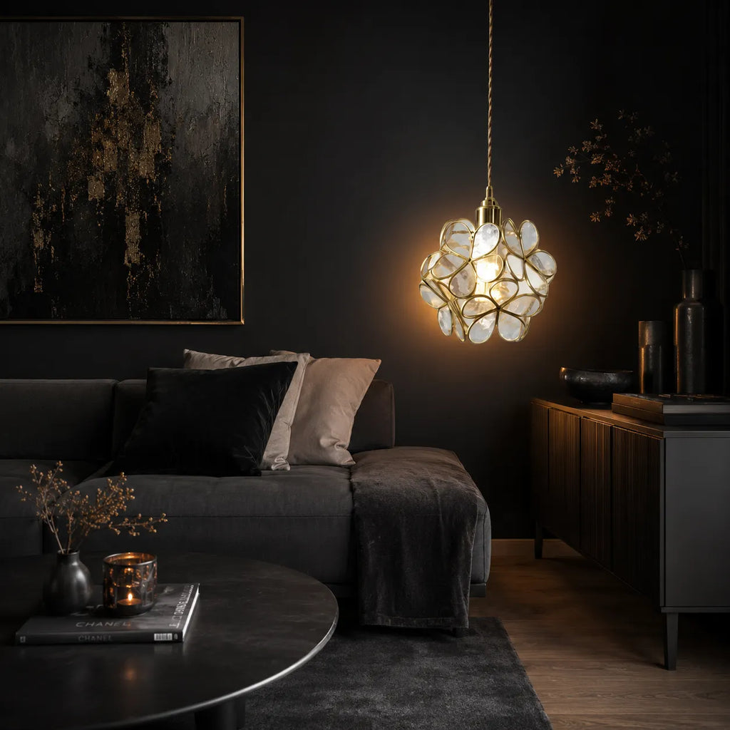 Pendant Light with Sculpted Glass Petal Design and Stone Accents