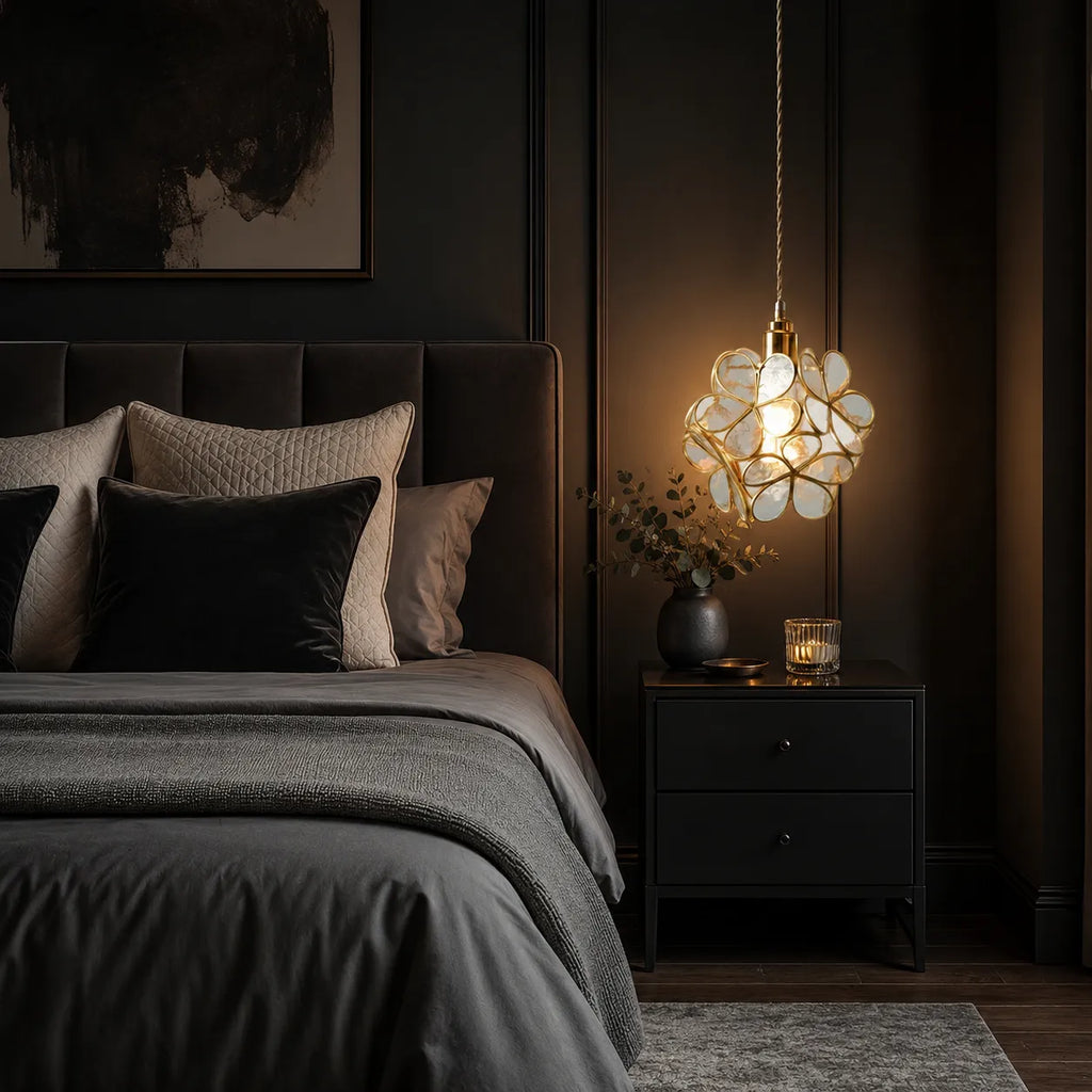 Pendant Light with Sculpted Glass Petal Design and Stone Accents