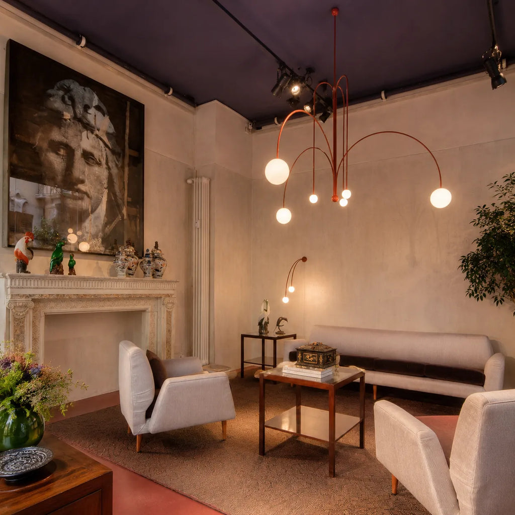 Pendelleuchte mit mundgeblasenem Glasschirm und Metallrahmen für Ess- und Wohnzimmer