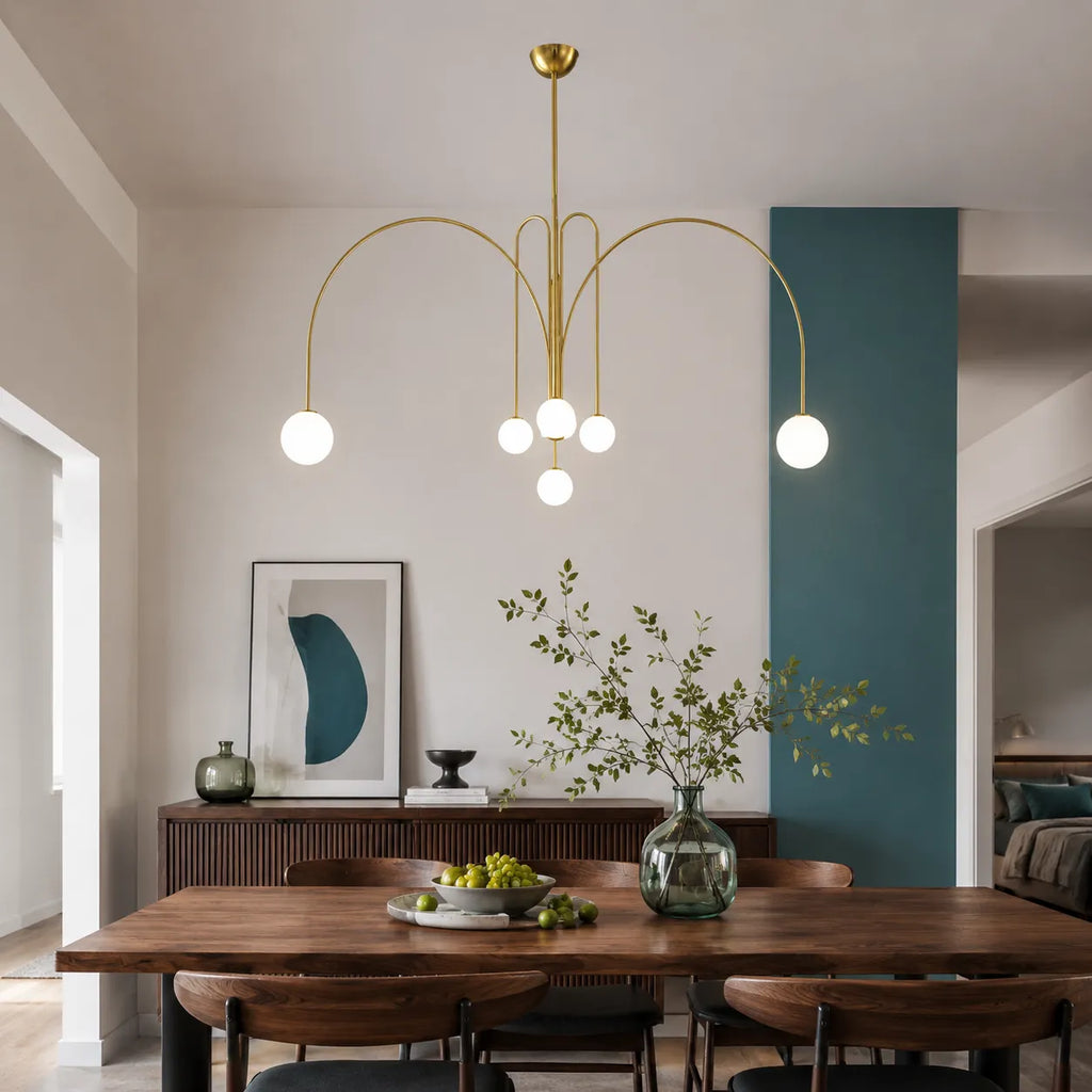 Pendelleuchte mit mundgeblasenem Glasschirm und Metallrahmen für Ess- und Wohnzimmer