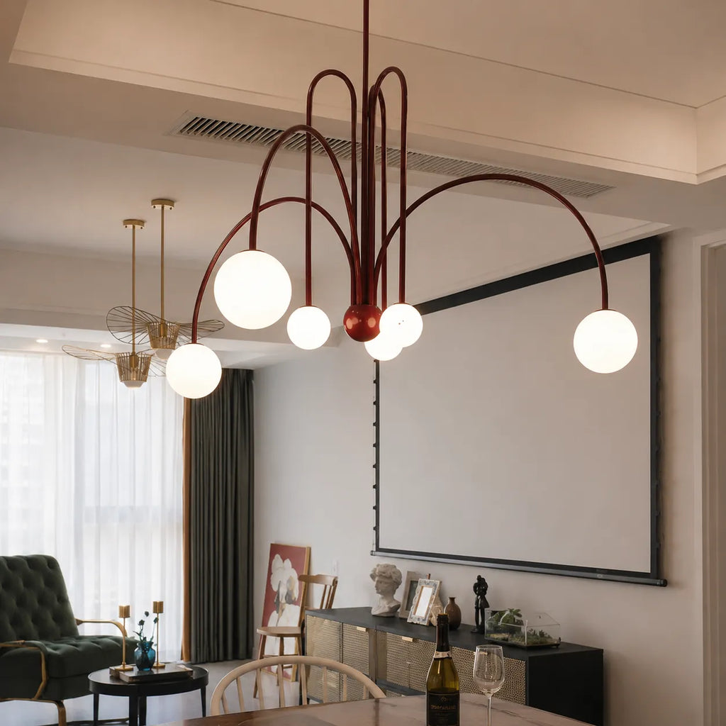 Pendelleuchte mit mundgeblasenem Glasschirm und Metallrahmen für Ess- und Wohnzimmer