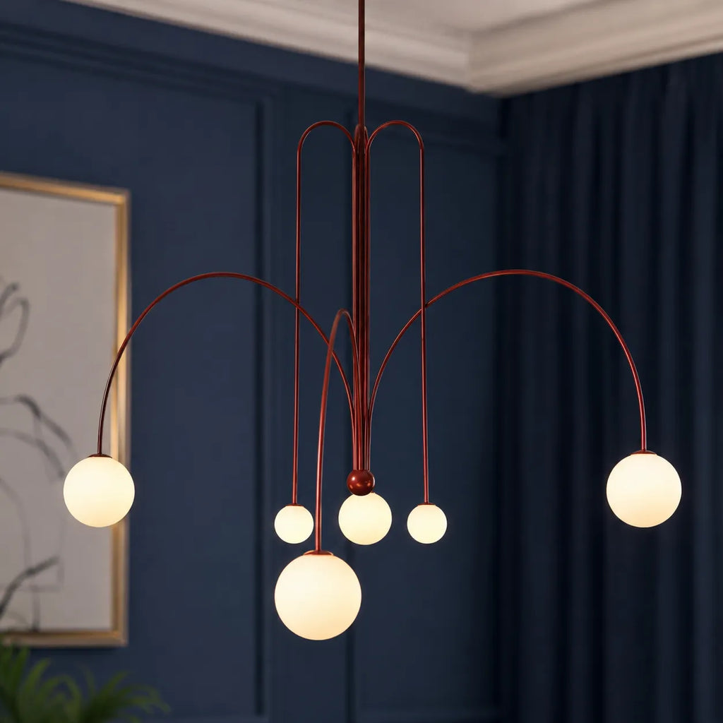 Pendelleuchte mit mundgeblasenem Glasschirm und Metallrahmen für Ess- und Wohnzimmer