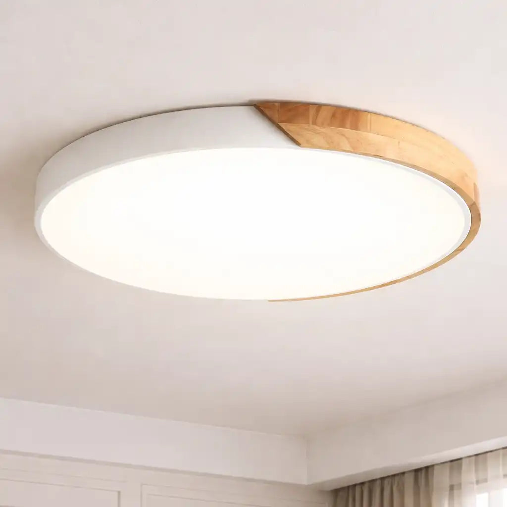 Plafón LED con diseño de perfil bajo y detalles de madera para dormitorio y pasillo