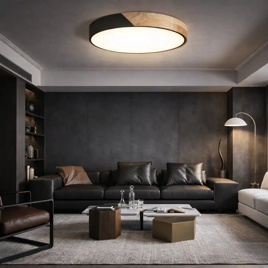 Plafón LED con diseño de perfil bajo y detalles de madera para dormitorio y pasillo