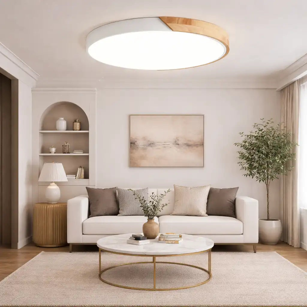 Plafonnier LED extra-plat à motif décoratif en bois pour chambre et couloir