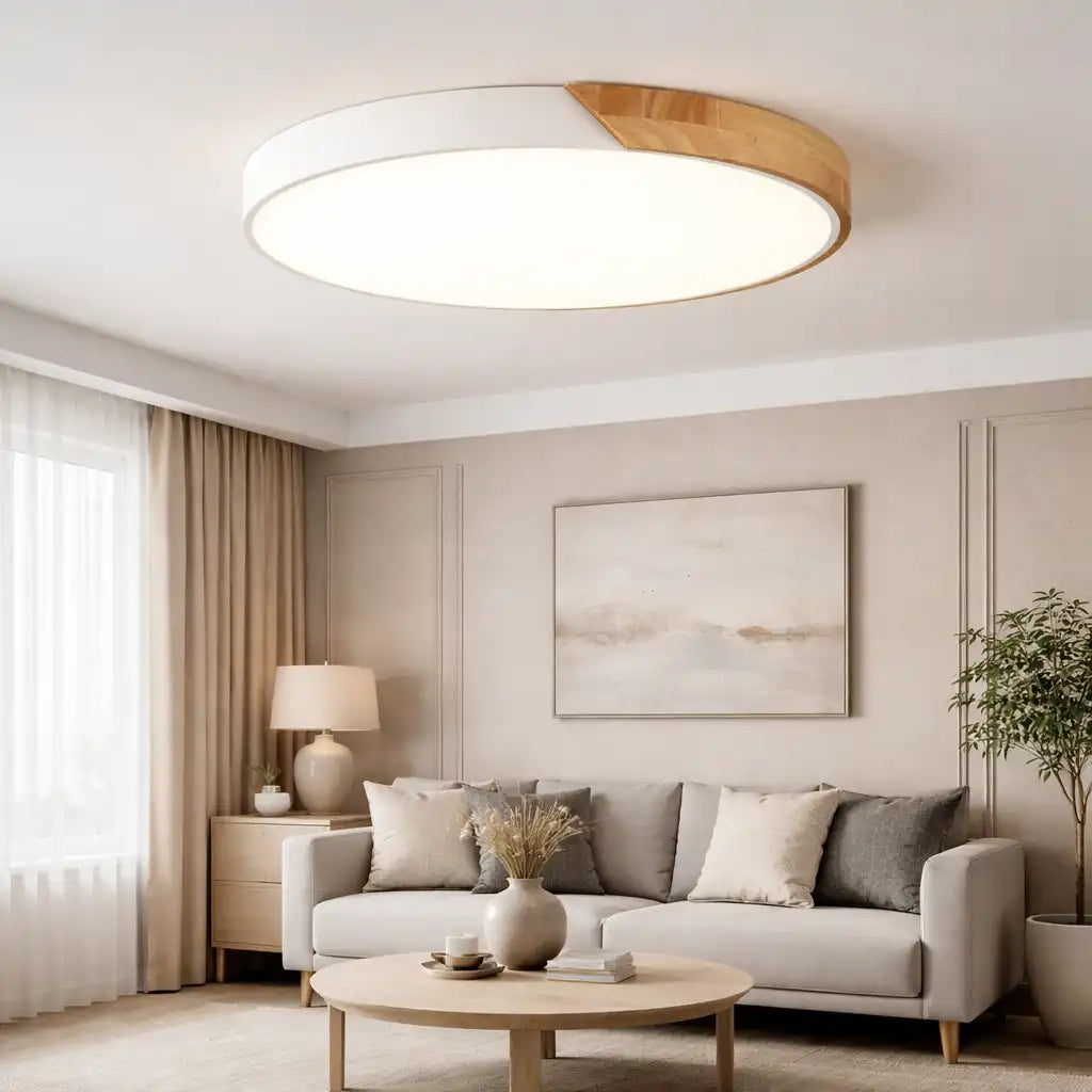 Plafón LED con diseño de perfil bajo y detalles de madera para dormitorio y pasillo