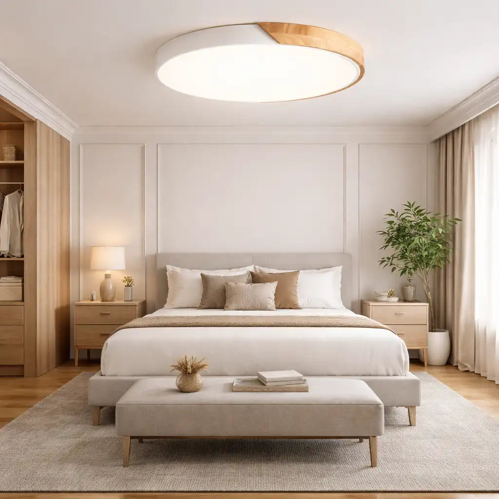 Plafonnier LED extra-plat à motif décoratif en bois pour chambre et couloir