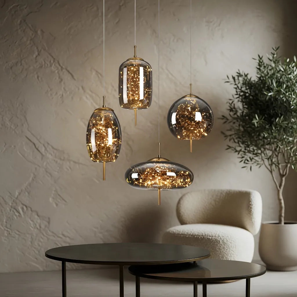 Pendelleuchte mit skulpturalen Glasformen und höhenverstellbarer Aufhängung für moderne Esszimmer