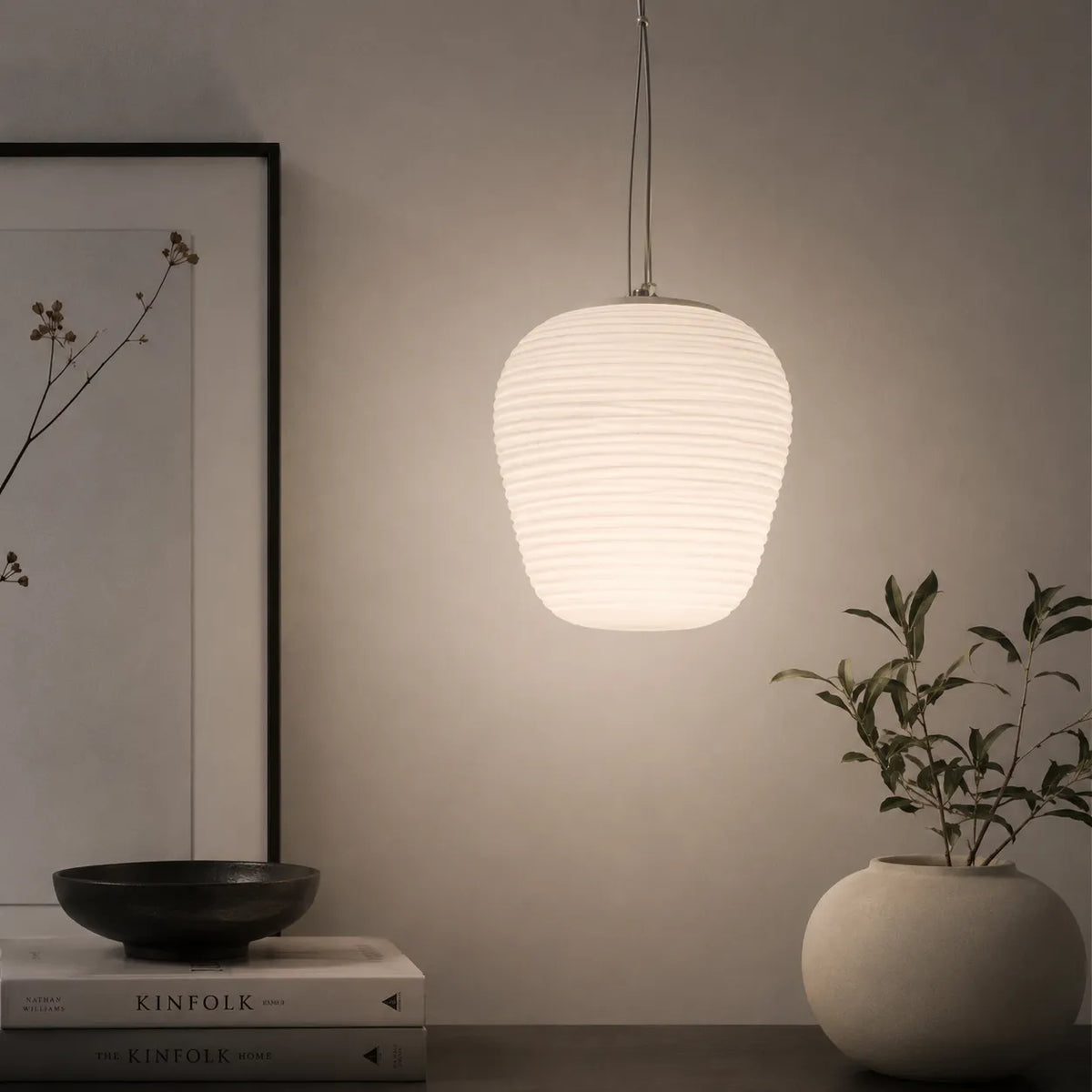 Pendant Light with Ribbed Opal Glass and Adjustable Suspension